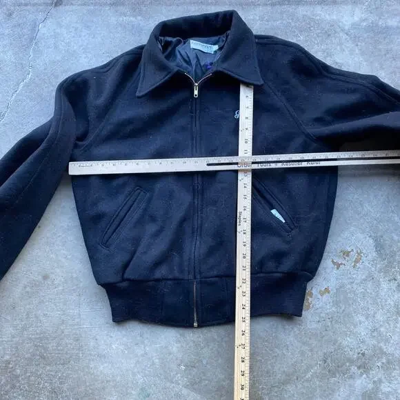 VINTAGE CHAINSTITCHED WOOL BLACK JACKET USA LARGE 80S 90S CATS GARY MUSICAL